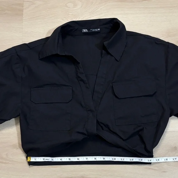 Zara Black Poplin Utility Safari Crop Top W/ Knot short sleeve size S - Picture 7 of 13